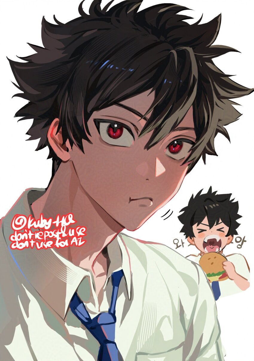 1boy, black_hair, blue_necktie, chibi, eating, hair_between_eyes, highres, kuby_hq, looking_at_viewer, male_focus, mogari_shishikuno, necktie, phantom_busters, red_eyes, shirt, short_hair, simple_background, solo, white_background, white_shirt