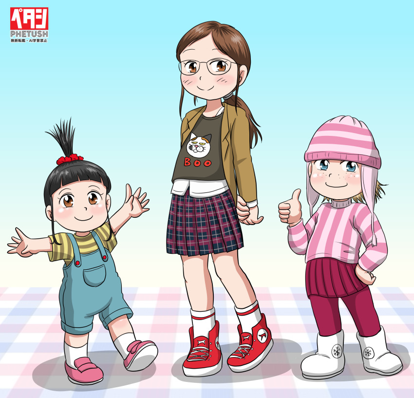 3girls, absurdres, agnes_(despicable_me), animal_print, arms_behind_back, beanie, black_hair, black_shirt
