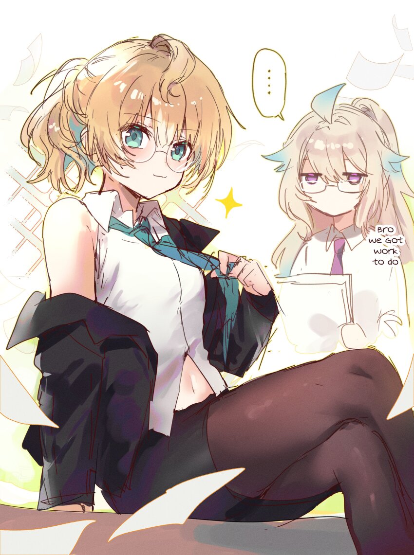 ..., 2girls, absurdres, adjusting_clothes, adjusting_necktie, ahoge, aqua_eyes, aqua_hair, black_jacket, black_pantyhose, blank_eyes, blonde_hair, blush, breasts, colored_inner_hair, crossed_legs, english_text, enna_alouette, falling_paper, glasses, hair_between_eyes, highres, holding, holding_paper, jacket, jitome, light_smile, long_hair, looking_at_viewer, medium_hair, millie_parfait, multicolored_hair, multiple_girls, navel, necktie, nijisanji, nijisanji_en, office_lady, pantyhose, paper, pencil_skirt, poringo0207, purple_eyes, side_ponytail, single_bare_shoulder, single_off_shoulder, sitting, skirt, small_breasts, sparkle, speech_bubble, spoken_ellipsis, two-tone_hair, virtual_youtuber