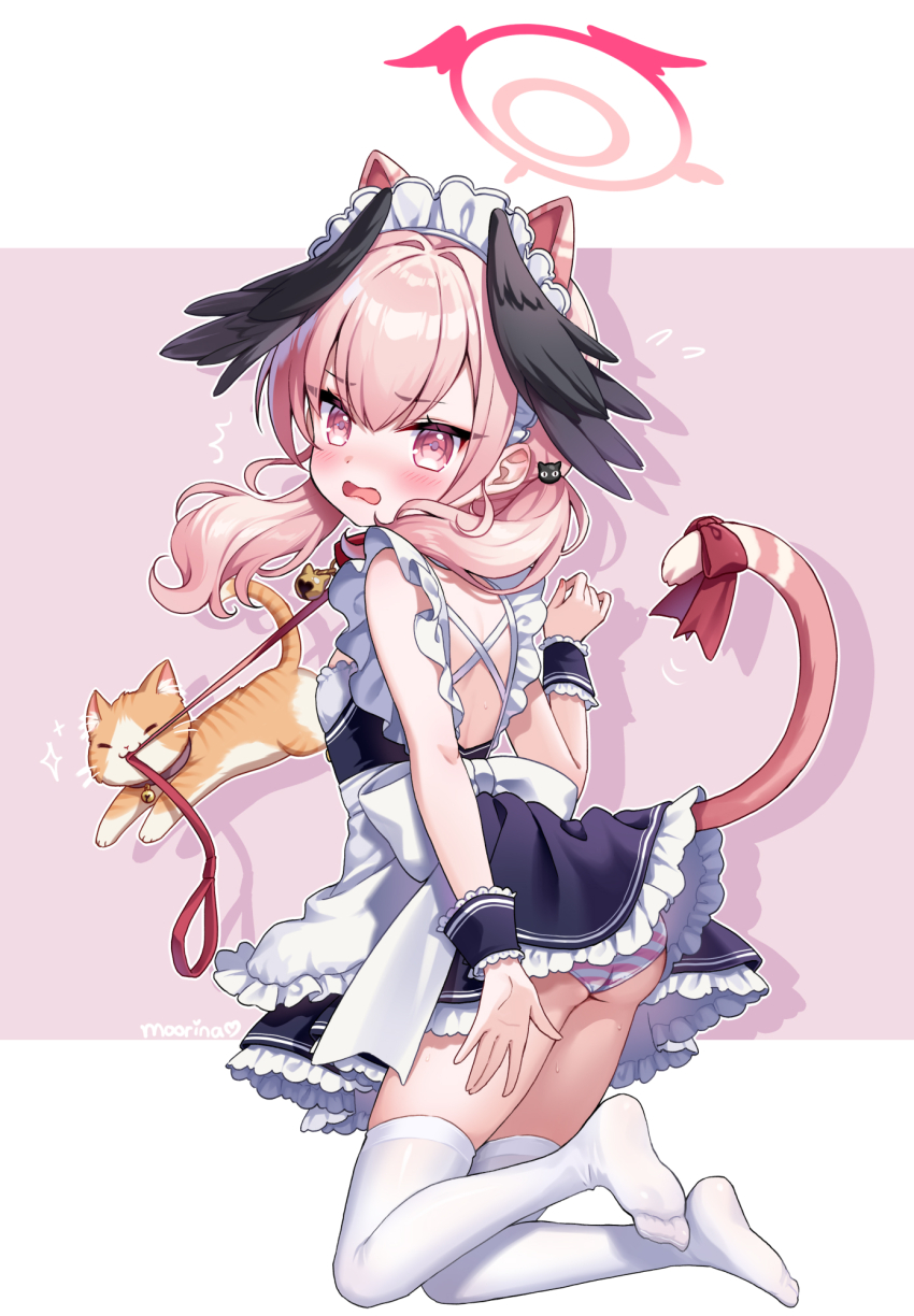 1girl, alternate_costume, animal_ears, animal_holding_leash, apron, black_dress, black_wings, blue_archive