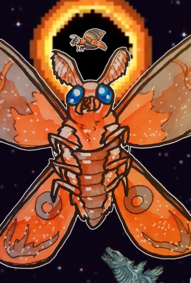 animal_ears, antenna_hair, blue_eyes, bug, crossover, eclipse, godzilla, godzilla_(series), insect, kaiju, moth, mothron_(terraria), stars, terraria, toho, wings