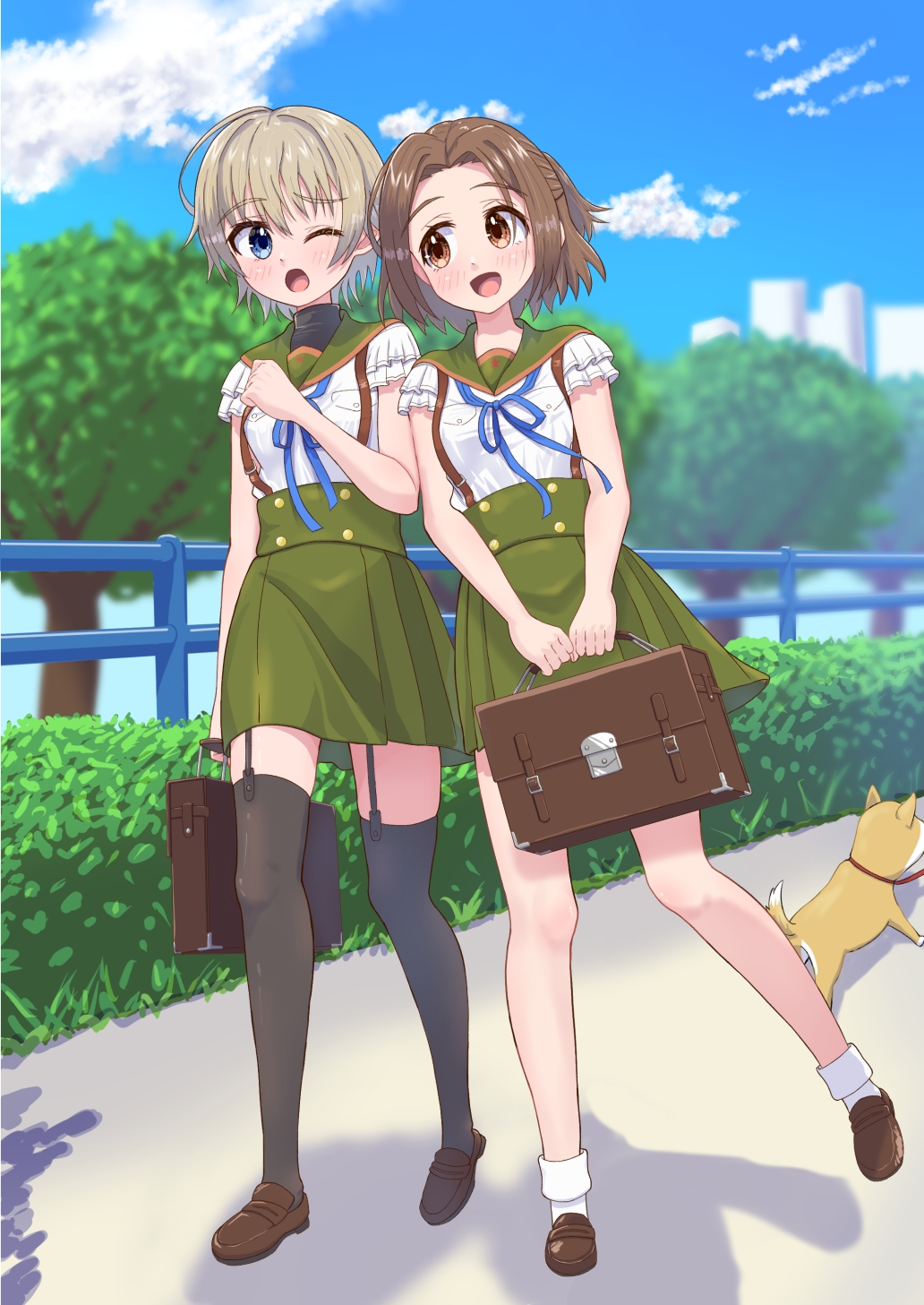 2girls, animal_ears, bag, blue_eyes, blue_ribbon, blue_sky, brown_eyes, brown_hair