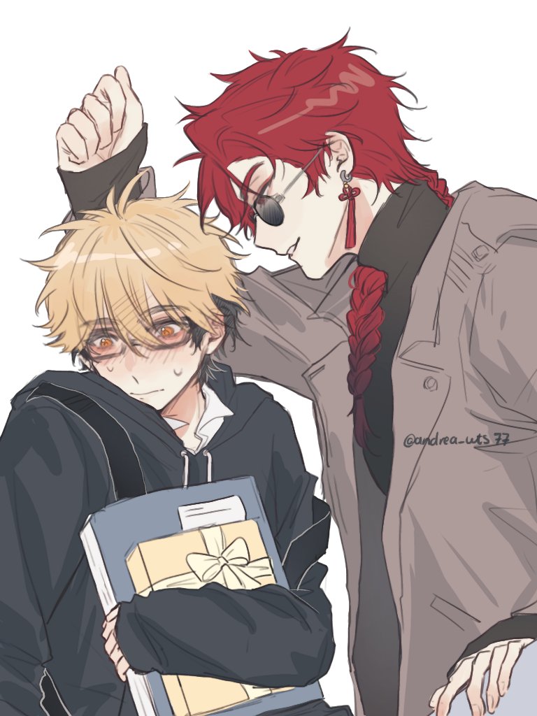 2boys, alternate_costume, andrea_wts77, backpack, bag, bespectacled, black_hair, black_hoodie