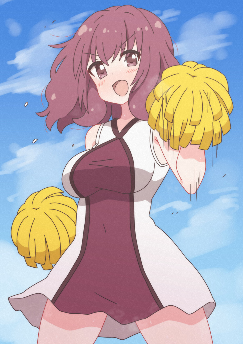 1girl, absurdres, blush, breasts, brown_eyes, cheerleader, highres, large_breasts, medium_hair, okaasan_(okaasandx), open_mouth, outdoors, pom_pom_(cheerleading), red_hair, shirt, sky, sleeveless, sleeveless_shirt, smile, solo, sugiura_ayano's_mother, yuruyuri