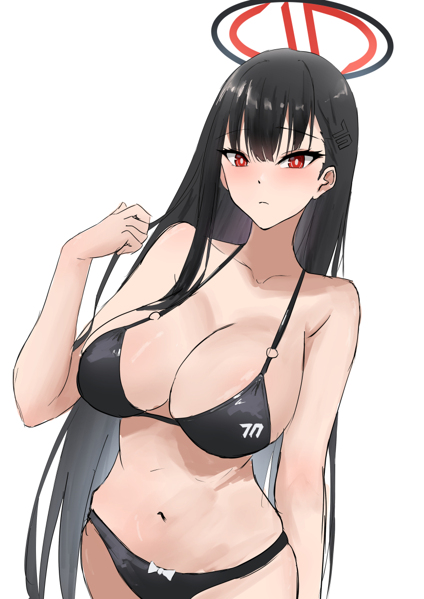 1girl, absurdres, alternate_costume, asao_(asaomm12345), bikini, black_bikini, black_hair, blue_archive