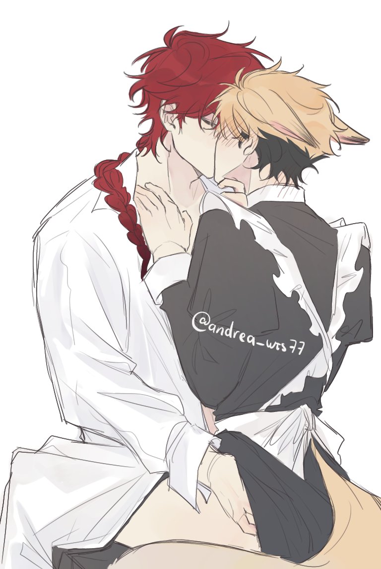 2boys, alternate_costume, andrea_wts77, animal_ears, apron, black_dress, black_hair, black_pants, blonde_hair, blush, braid, braided_ponytail, closed_eyes, clothes_pull, collared_shirt, crossdressing, crossdressing_(mtf), dress, enmaided, fox_boy, fox_ears, fox_tail, hand_on_another's_ass, hand_on_another's_chest, hand_on_another's_chin, hand_under_clothes, kemonomimi_mode, kiss, long_hair, long_sleeves, maid, maid_apron, male_focus, male_maid, multicolored_hair, multiple_boys, pants, pants_pull, red_hair, shiguang_dailiren, shirt, short_hair, simple_background, single_braid, sitting, sitting_on_lap, sitting_on_person, tail, twitter_username, two-tone_hair, white_apron, white_background, white_pants, white_shirt, xia_fei, xiao_weiying, yaoi