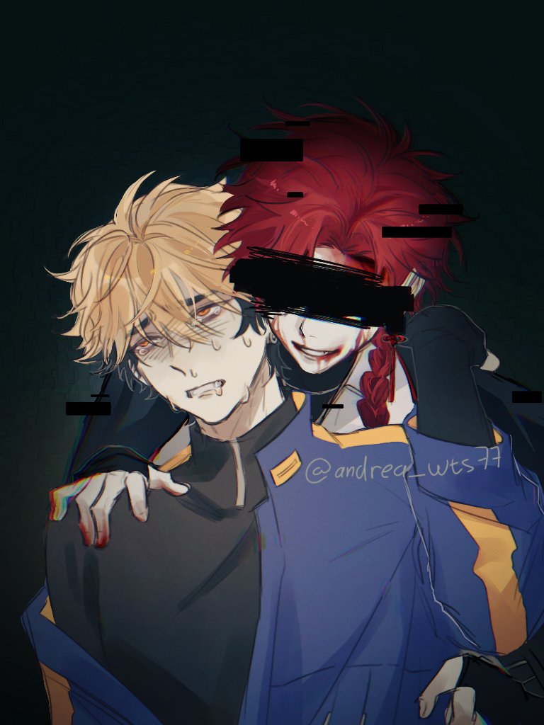 2boys, andrea_wts77, black_hair, black_jacket, black_shirt, blonde_hair, blood, blood_on_face