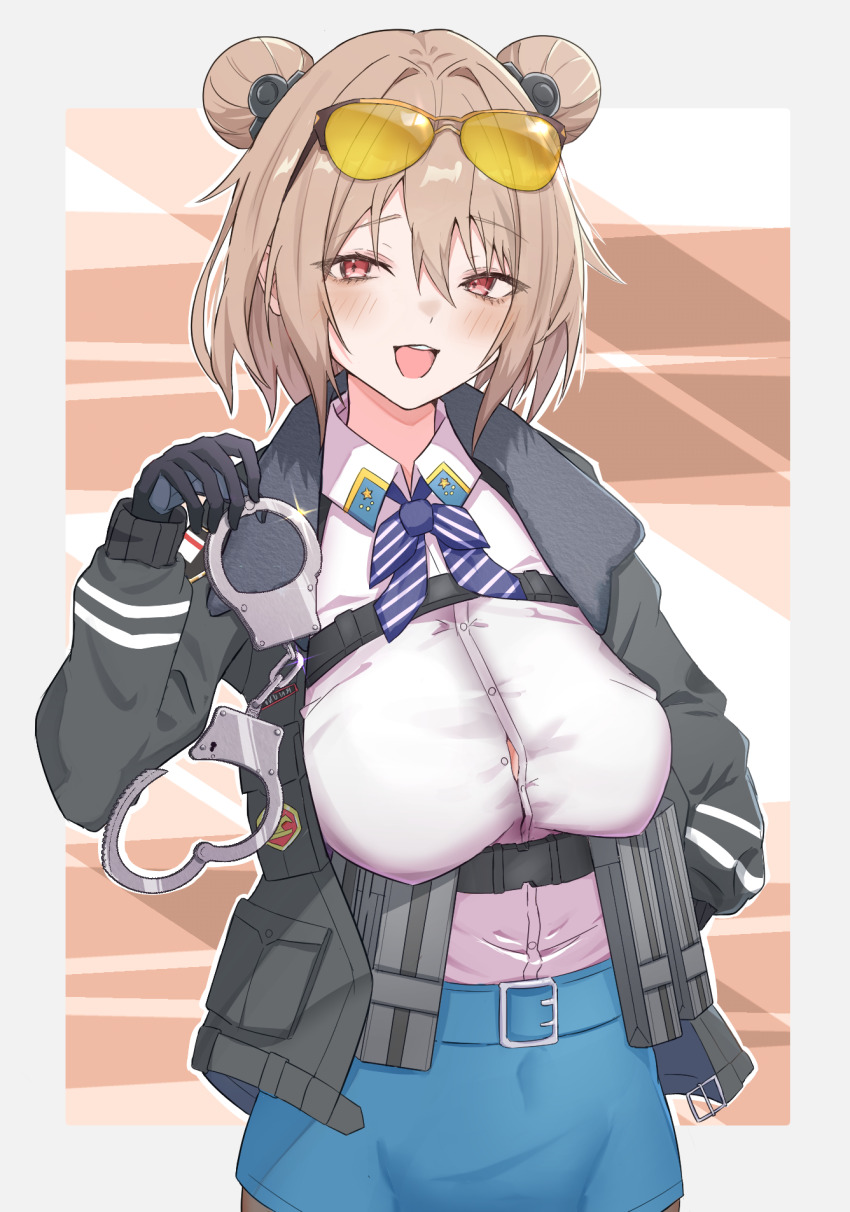 1girl, ammunition_pouch, belt, belt_buckle, black_gloves, blue_belt, blue_skirt, blush