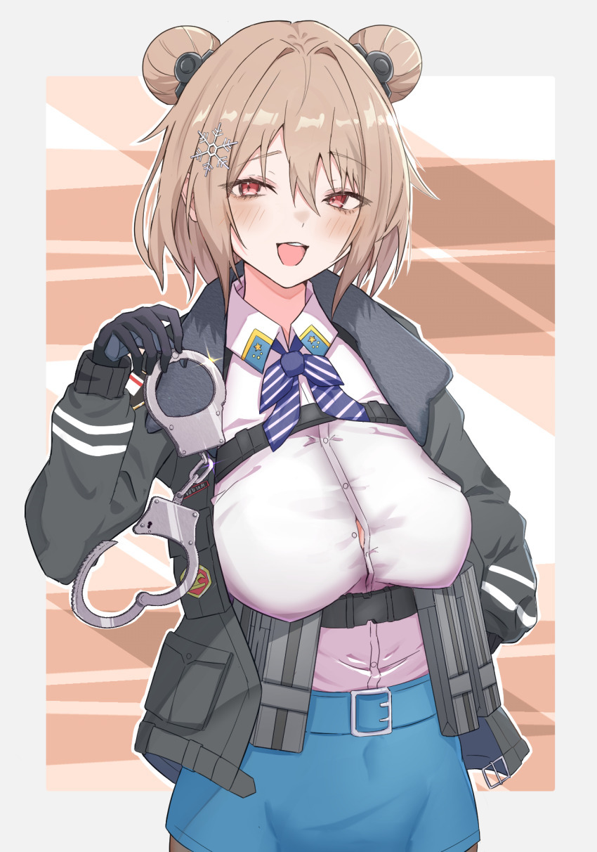 1girl, ammunition_pouch, belt, belt_buckle, black_gloves, blue_belt, blue_skirt, blush