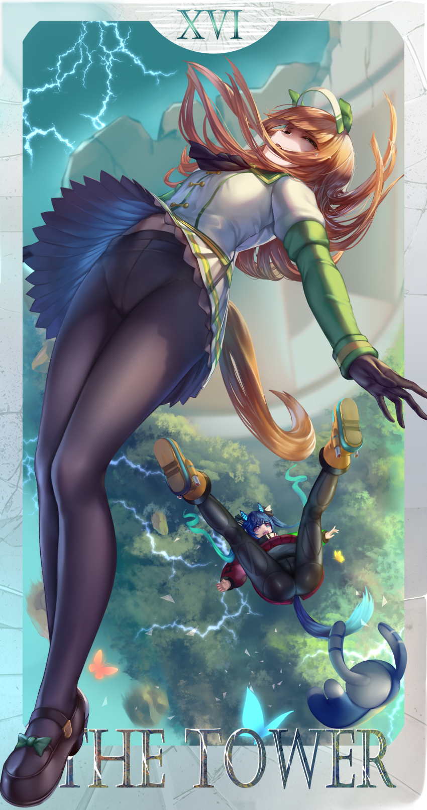 2girls, absurdres, ass, black_bodysuit, black_bow, black_gloves, black_pantyhose, blue_eyes, blue_hair, bodysuit, boots, bow, brown_shoes, bug, butterfly, cameltoe, closed_eyes, clothing_cutout, commentary_request, ear_covers, ear_ornament, floating, floating_hair, gloves, gradient_hair, hairband, heterochromia, highres, horns, horse_girl, horse_tail, insect, juliet_sleeves, lanse_dai_mao, loafers, long_hair, long_sleeves, midair, multicolored_hair, multiple_girls, navel, open_mouth, orange_hair, pantyhose, pink_eyes, pleated_skirt, puffy_sleeves, shirt, shoe_soles, shoes, silence_suzuka_(innocent_silence)_(umamusume), silence_suzuka_(umamusume), skirt, smile, solo_focus, stuffed_toy, tail, tail_through_clothes, tarot, tears, the_tower_(tarot), twin_turbo_(blast_mode!_turbo_engine)_(umamusume), twin_turbo_(umamusume), twintails, umamusume, white_hairband, white_shirt, white_skirt, yellow_shoes