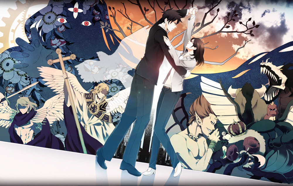 1girl, 4boys, akutabe, angel, azazel_(azazel-san), bad_id, bad_pixiv_id, beelzebub_(azazel-san), blonde_hair, bug, crown, dancing, dragon, glasses, halo, horns, long_hair, lucifer_(azazel-san), moloch_(azazel-san), multiple_boys, no_eyebrows, sakuma_rinko, salamander_(azazel-san), skull, sushiko15, sword, weapon, wings, yondemasu_yo_azazel-san.