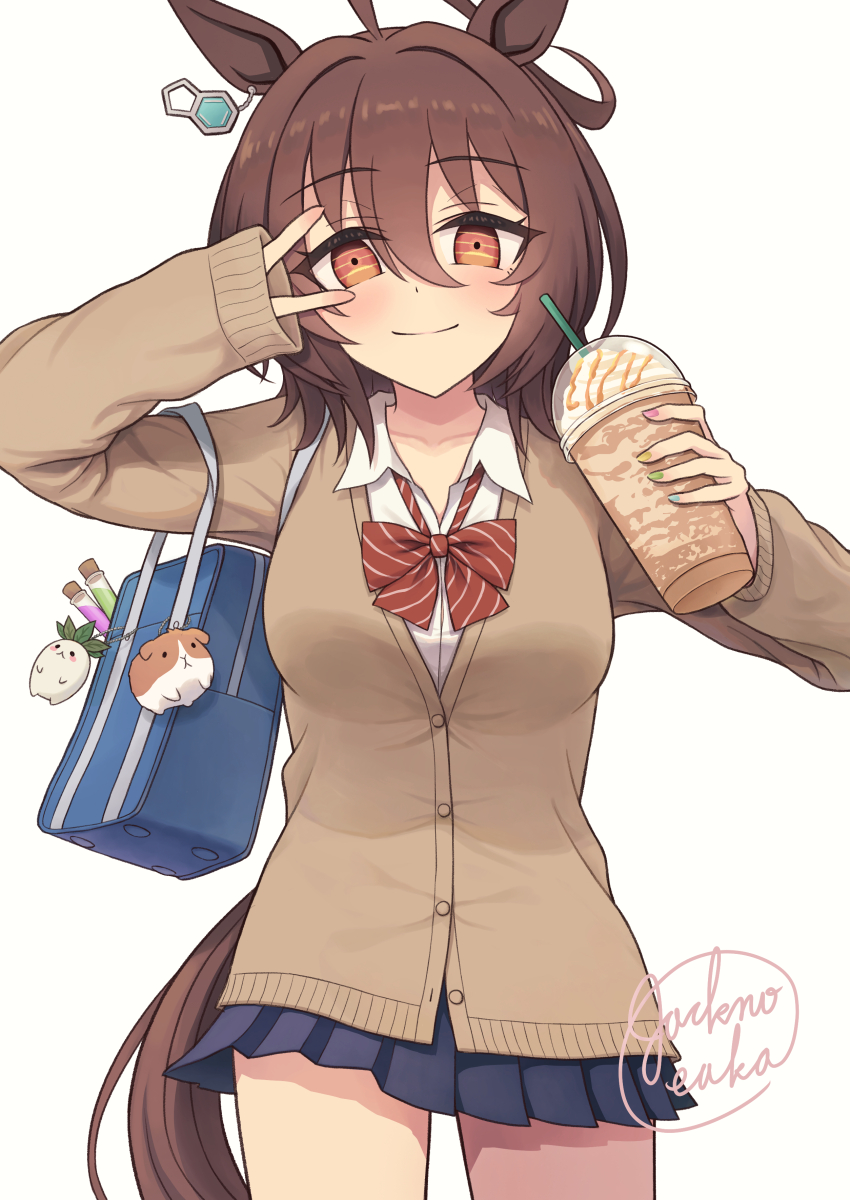 1girl, absurdres, agnes_tachyon_(umamusume), ahoge, alternate_costume, animal_ears, bag, black_skirt