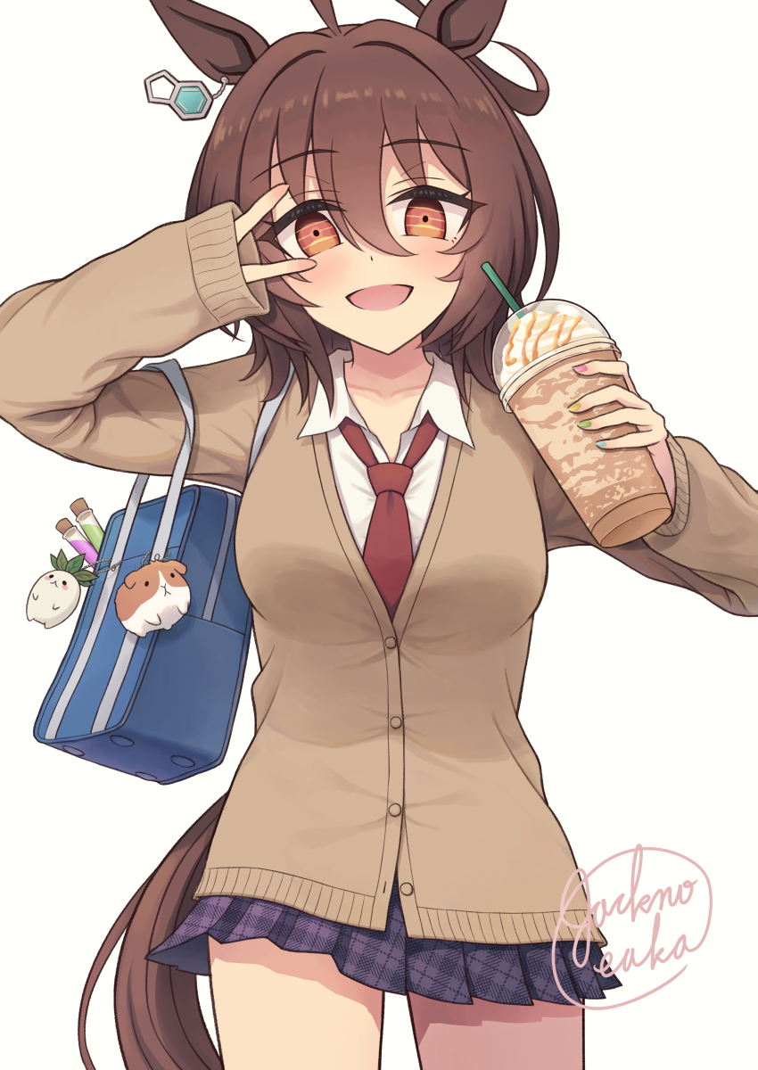 1girl, absurdres, agnes_tachyon_(umamusume), ahoge, alternate_costume, animal_ears, bag, black_skirt