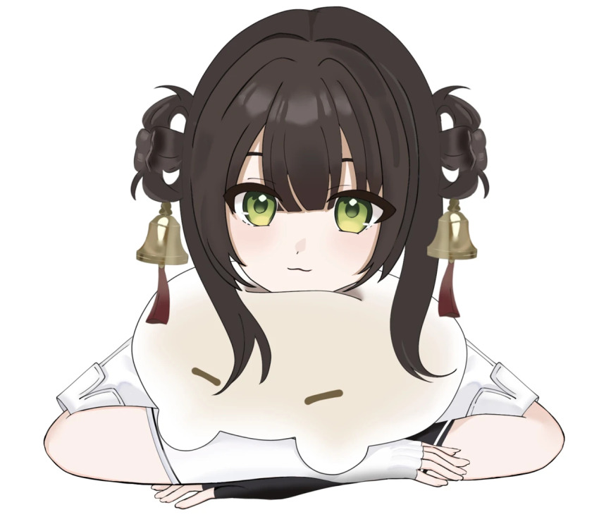 1girl, :3, bell, black_hair, doll, fingerless_gloves, four_leaf_clover_hairstyle, gloves, green_eyes, looking_at_viewer, nijisanji, pillow, reirei666, simple_background, smile, solo, susu_(virtuareal), virtual_youtuber, virtuareal, white_background, white_gloves