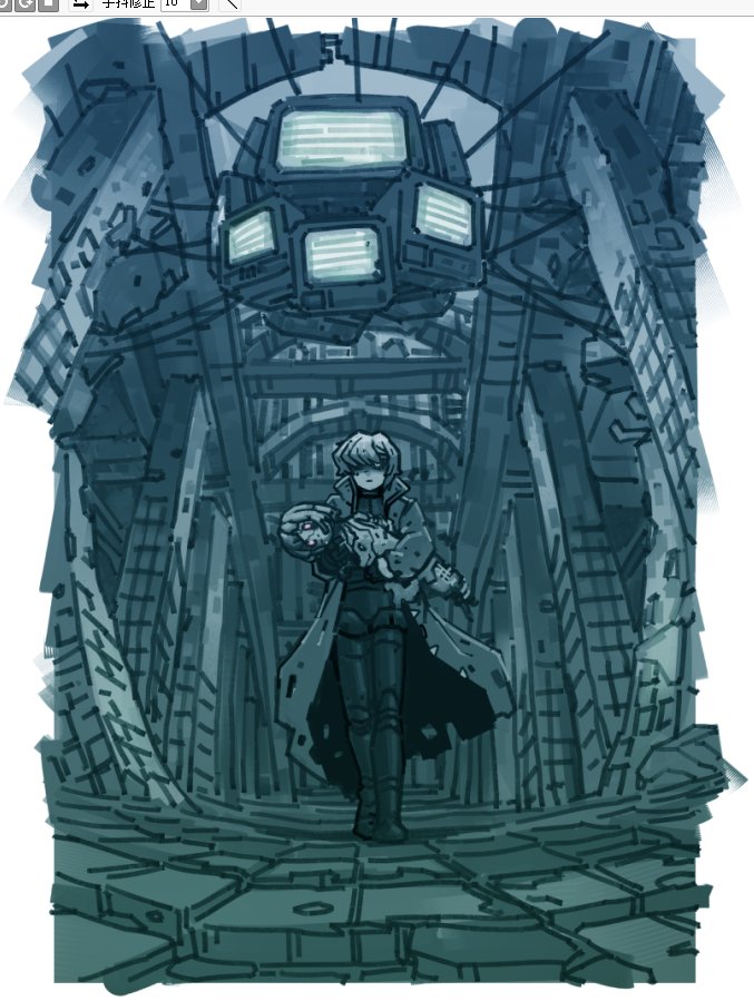 2girls, amputee, android, architecture, art_program_in_frame, art_program_request, blue_theme, bodysuit, bodysuit_under_clothes, border, carrying, carrying_person, coat, crt, dilapidated, ephe99261012, fisheye, floating_clothes, from_below, full_body, glowing, glowing_eyes, hair_over_one_eye, indoors, marie_(peripeteia), mechabare, monochrome, multiple_girls, nietzschka_(peripeteia), open_clothes, open_coat, painterly, peripeteia, perspective, pillar, popped_collar, quadruple_amputee, robot_girl, short_hair, television, torn_clothes, torn_coat, trench_coat, vanishing_point, walking_towards_viewer, white_border