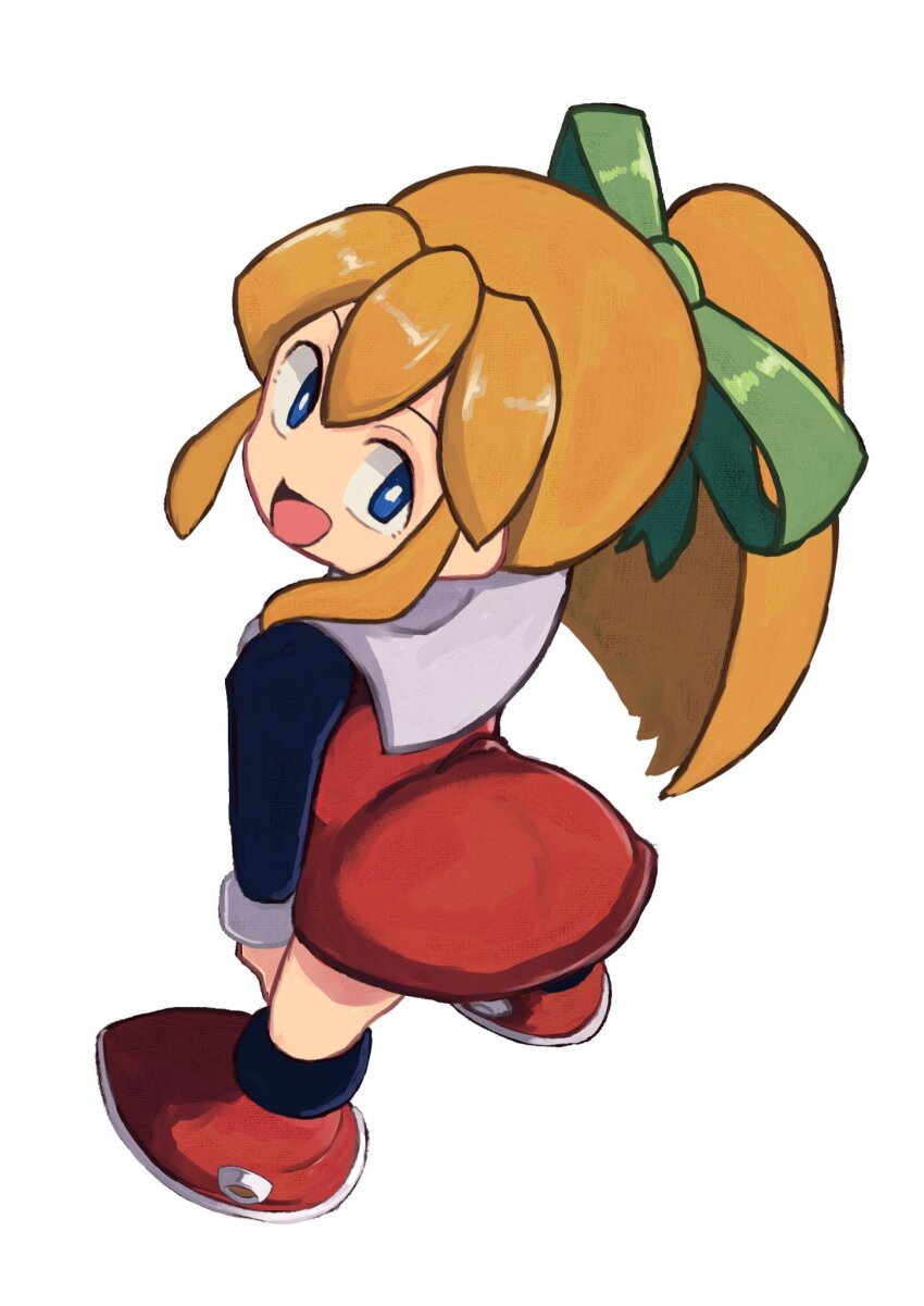 1girl, ass, blonde_hair, blue_eyes, dress, from_behind, full_body, high_ponytail