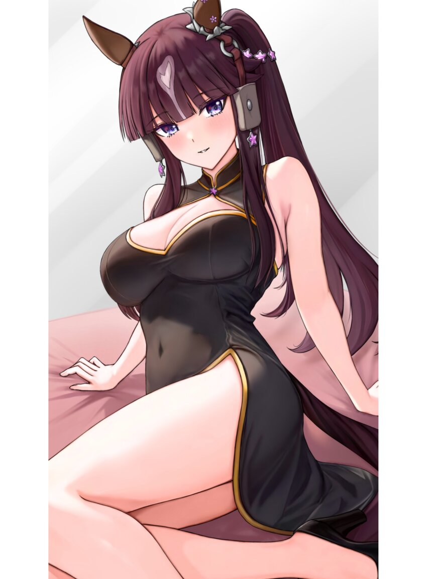 1girl, absurdres, alternate_costume, animal_ears, blunt_bangs, blush, breasts, brown_hair, china_dress, chinese_clothes, cleavage, closed_mouth, collarbone, commentary_request, dress, hair_between_eyes, hair_ornament, highres, horse_ears, horse_girl, horse_tail, looking_at_viewer, lucky_lilac_(racehorse), medium_breasts, navel, popoidraw, purple_eyes, side_ponytail, tail, thighs, umamusume, white_background