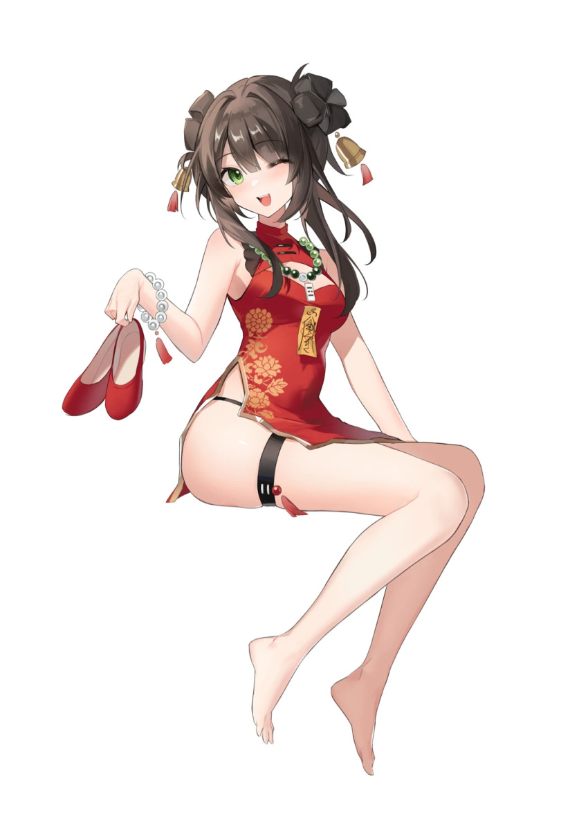1girl, ;d, bare_arms, bare_legs, bare_shoulders, barefoot, bead_bracelet, beads, bell, black_hair, black_panties, bracelet, braid, breasts, brown_hair, china_dress, chinese_clothes, cleavage, cleavage_cutout, clothing_cutout, double_bun, dress, four_leaf_clover_hairstyle, full_body, green_eyes, hair_bun, hand_up, highres, holding, holding_shoes, holding_unworn_clothes, jewelry, leg_ribbon, long_hair, looking_at_viewer, medium_breasts, nijisanji, one_eye_closed, open_mouth, panties, red_dress, ribbon, shoes, short_dress, side_slit, sidelocks, simple_background, sitting, sleeveless, sleeveless_dress, smile, solo, string_panties, susu_(virtuareal), tassel, thigh_strap, thighs, underwear, unworn_shoes, virtual_youtuber, virtuareal, white_background, yi_zhi_miyuan