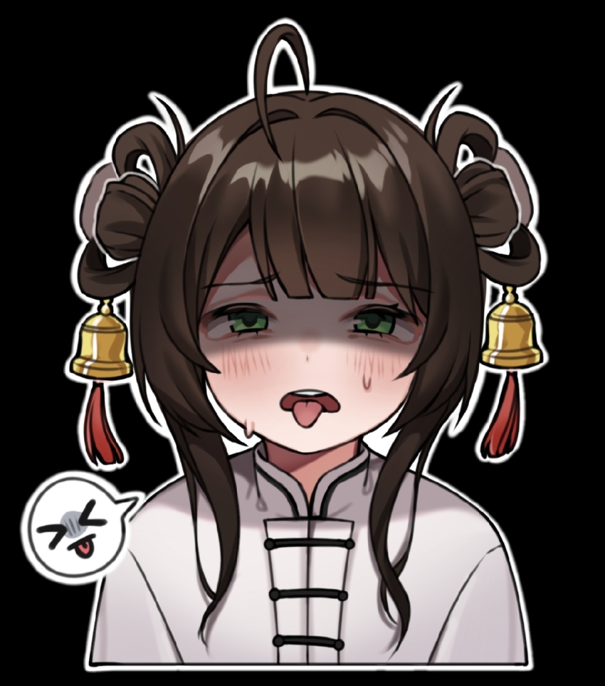 >_<, 1girl, ahoge, alternate_costume, bell, black_background, black_hair, blush