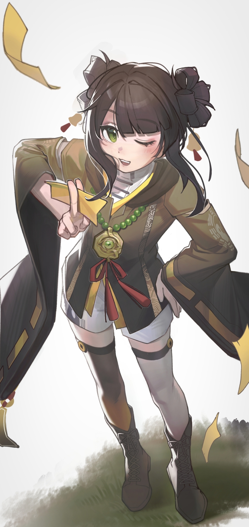 1girl, absurdres, beads, bell, black_hair, boots, four_leaf_clover_hairstyle, full_body