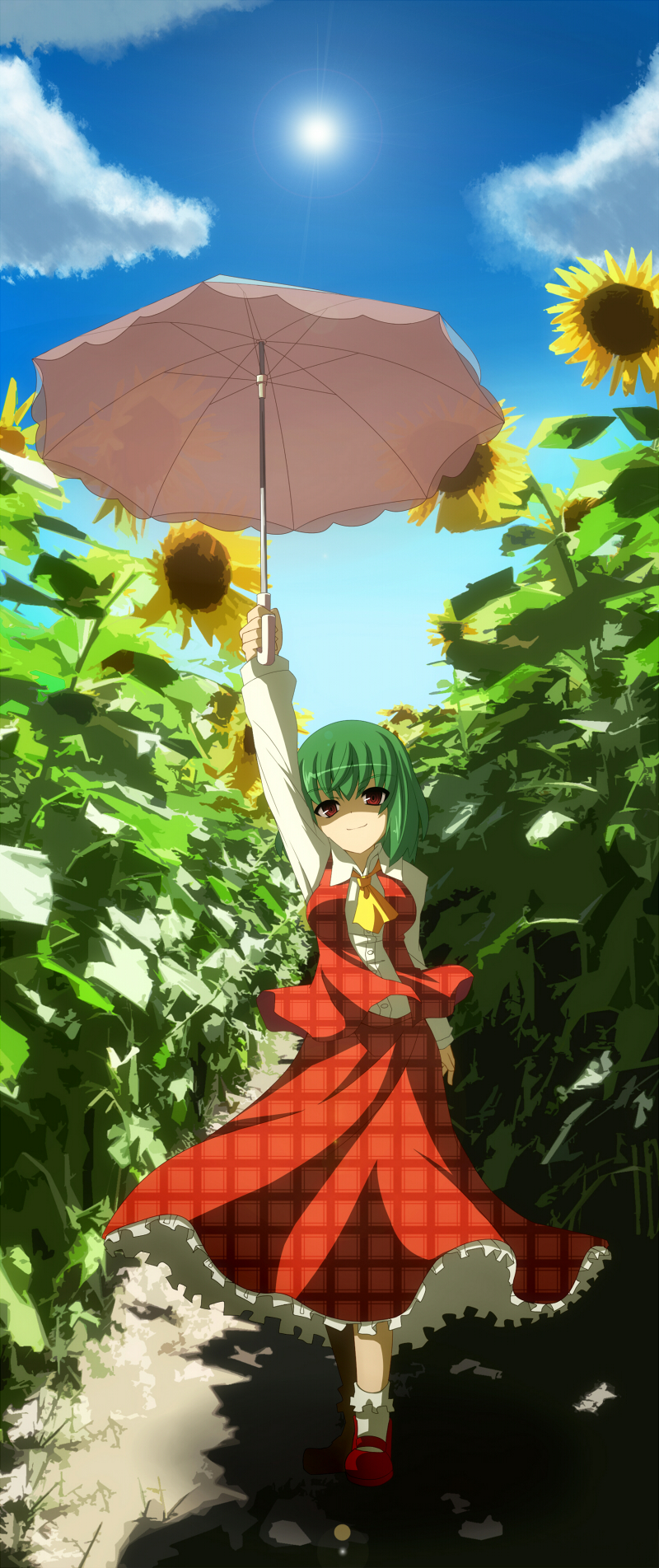 1girl, arm_up, ascot, bad_id, bad_pixiv_id, blush, breasts, cloud