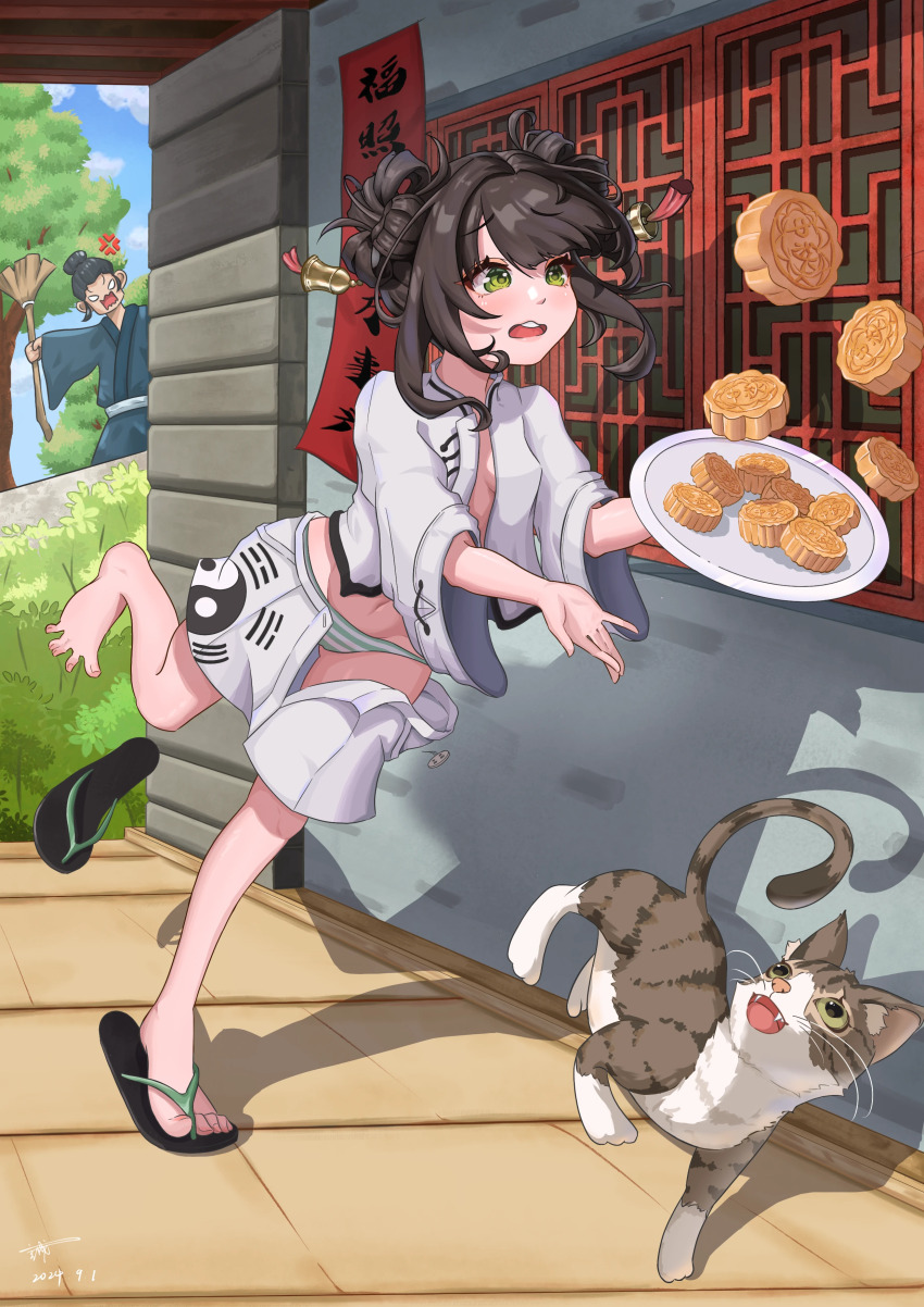 1boy, 1girl, absurdres, alternate_costume, angry, bell, black_hair, breasts, broom, cat, food, four_leaf_clover_hairstyle, green_eyes, hair_ornament, highres, holding, mooncake, nijisanji, open_mouth, panties, plate, running, sandals, small_breasts, susu_(virtuareal), underwear, virtual_youtuber, virtuareal, yancheng_xingfu, yin_yang