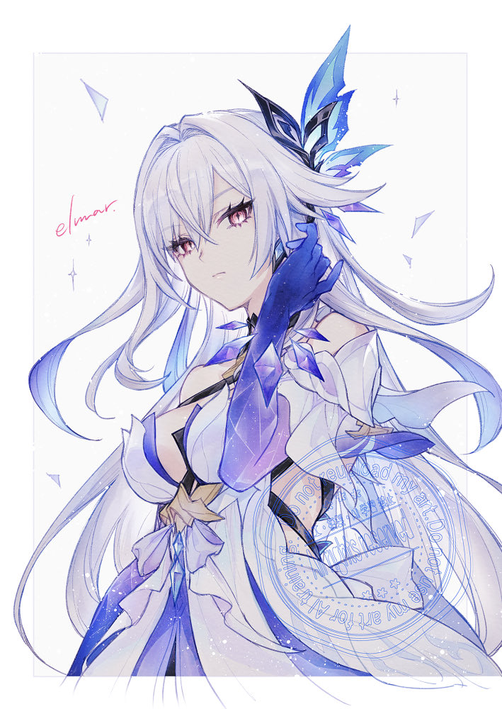 1girl, artist_name, bare_shoulders, breasts, closed_mouth, dress, elmar, genshin_impact