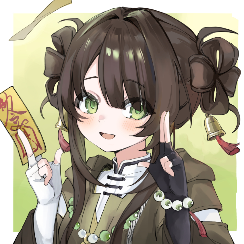 1girl, :d, bead_bracelet, bead_necklace, beads, bell, black_gloves, black_hair