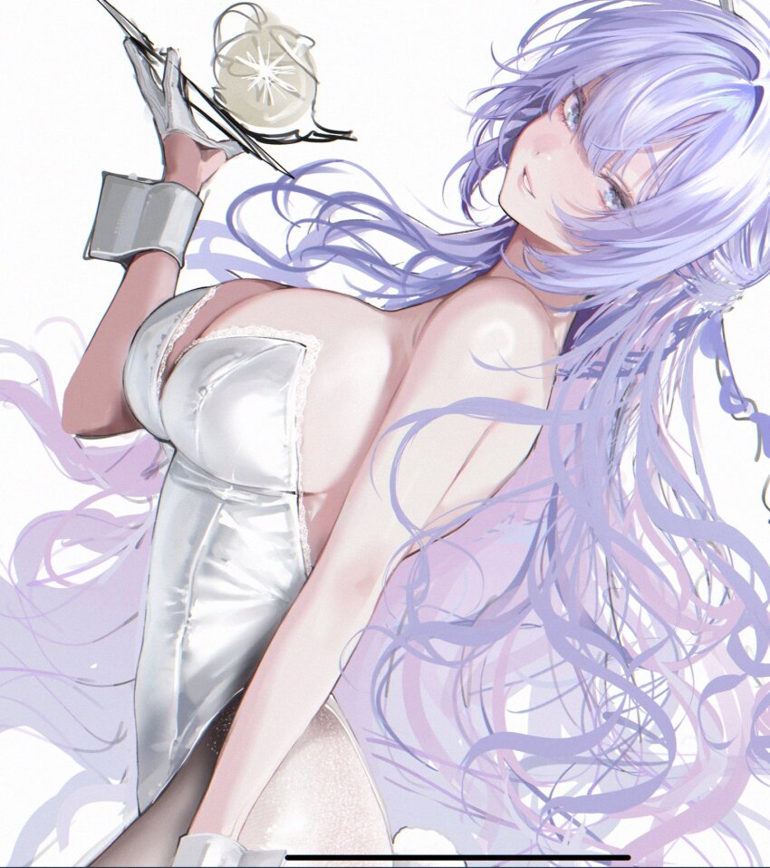 1girl, bare_shoulders, black_pantyhose, blue_eyes, breasts, cantarella_(wuthering_waves), commentary, cowboy_shot, da_jins_rins, dutch_angle, fake_tail, gloves, highres, holding, holding_tray, large_breasts, leotard, looking_at_viewer, looking_to_the_side, pantyhose, playboy_bunny, purple_hair, rabbit_tail, skirt, smile, solo, strapless, strapless_leotard, untranslatable_commentary, tail, teapot, tray, white_background, white_gloves, white_leotard, wrist_cuffs, wuthering_waves