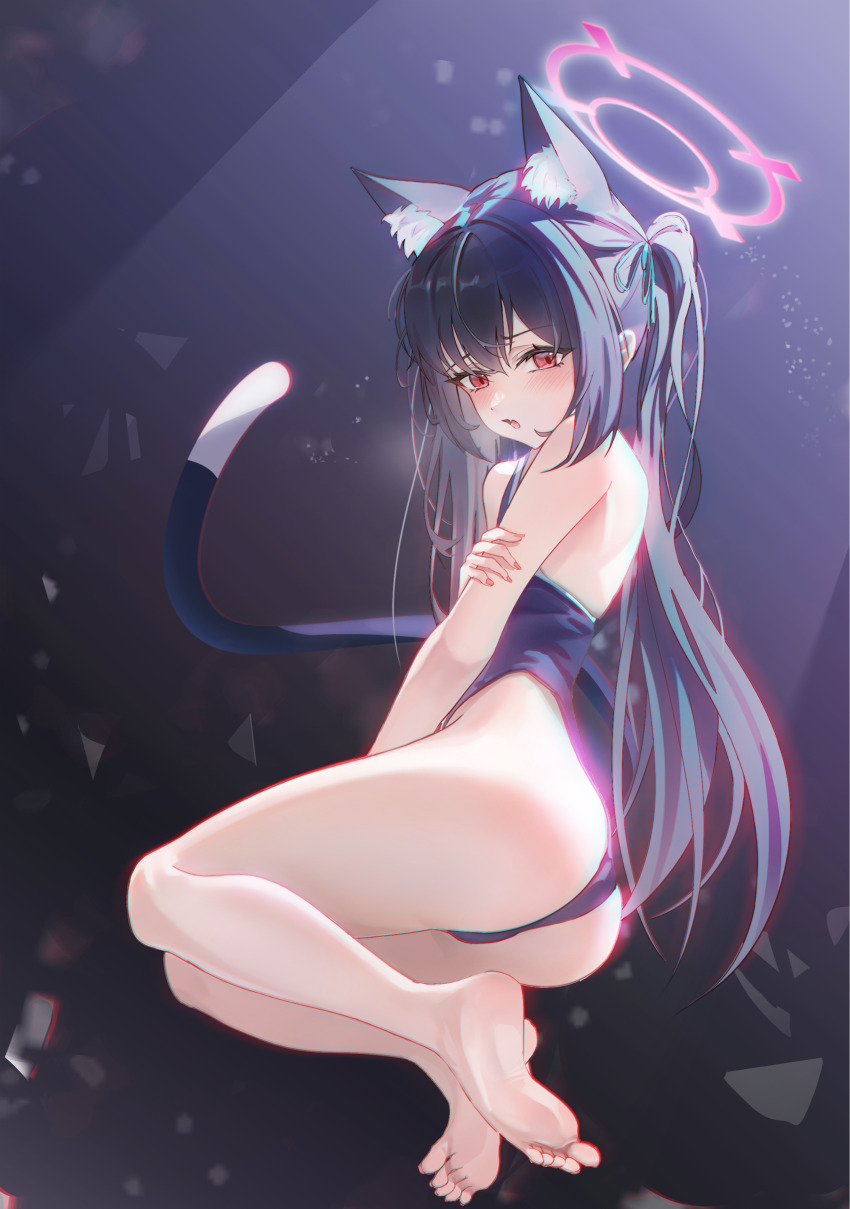 1girl, absurdres, alternate_costume, animal_ear_fluff, bare_arms, bare_legs, bare_shoulders, barefoot, black_hair, black_leotard, blue_archive, blue_ribbon, blush, cat_girl, cat_tail, fang, feet, from_side, hair_between_eyes, hair_ribbon, highleg, highleg_leotard, highres, holding_own_tail, leotard, long_hair, long_long_cai, looking_at_viewer, open_mouth, red_eyes, ribbon, serika_(blue_archive), sidelocks, skin_fang, soles, solo, tail, toes, twintails