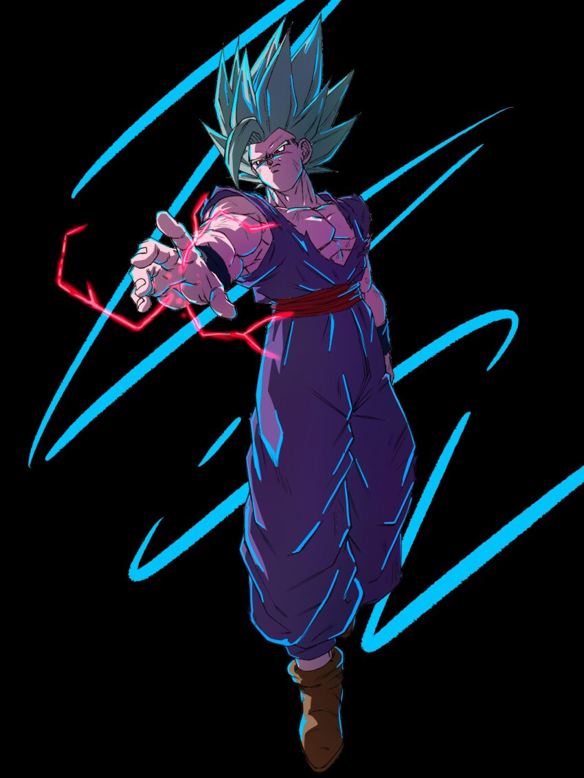 1boy, black_background, dougi, dragon_ball, dragon_ball_super, dragon_ball_super_super_hero, electricity, full_body, gohan_beast, grey_hair, highres, long_hair, male_focus, muscular, muscular_male, pants, purple_pants, purple_shirt, reaching, red_eyes, red_sash, ryo_lovevegito, sash, shirt, simple_background, solo, son_gohan, spiked_hair