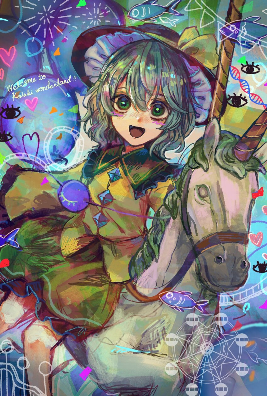 1girl, :d, balloon, black_hat, blouse, blush, bow, buttons