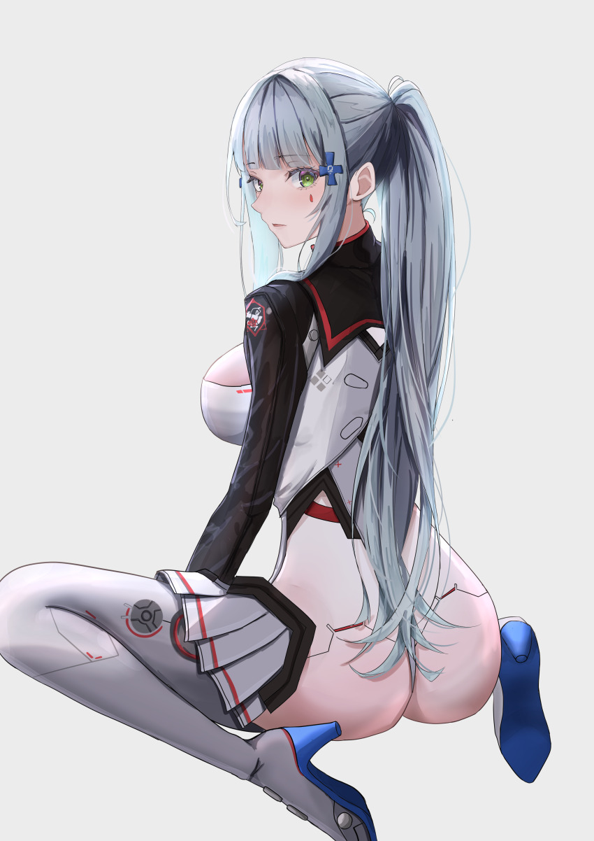 1girl, absurdres, ass, assless_skirt, breasts, commentary, facial_mark, from_behind