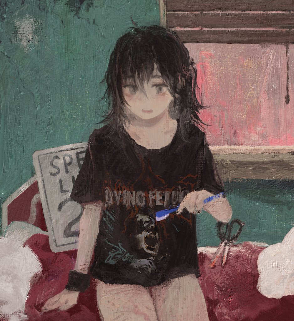 1girl, band_shirt, bedroom, black_hair, blood, blood_on_scissors, bracelet, canvas_texture