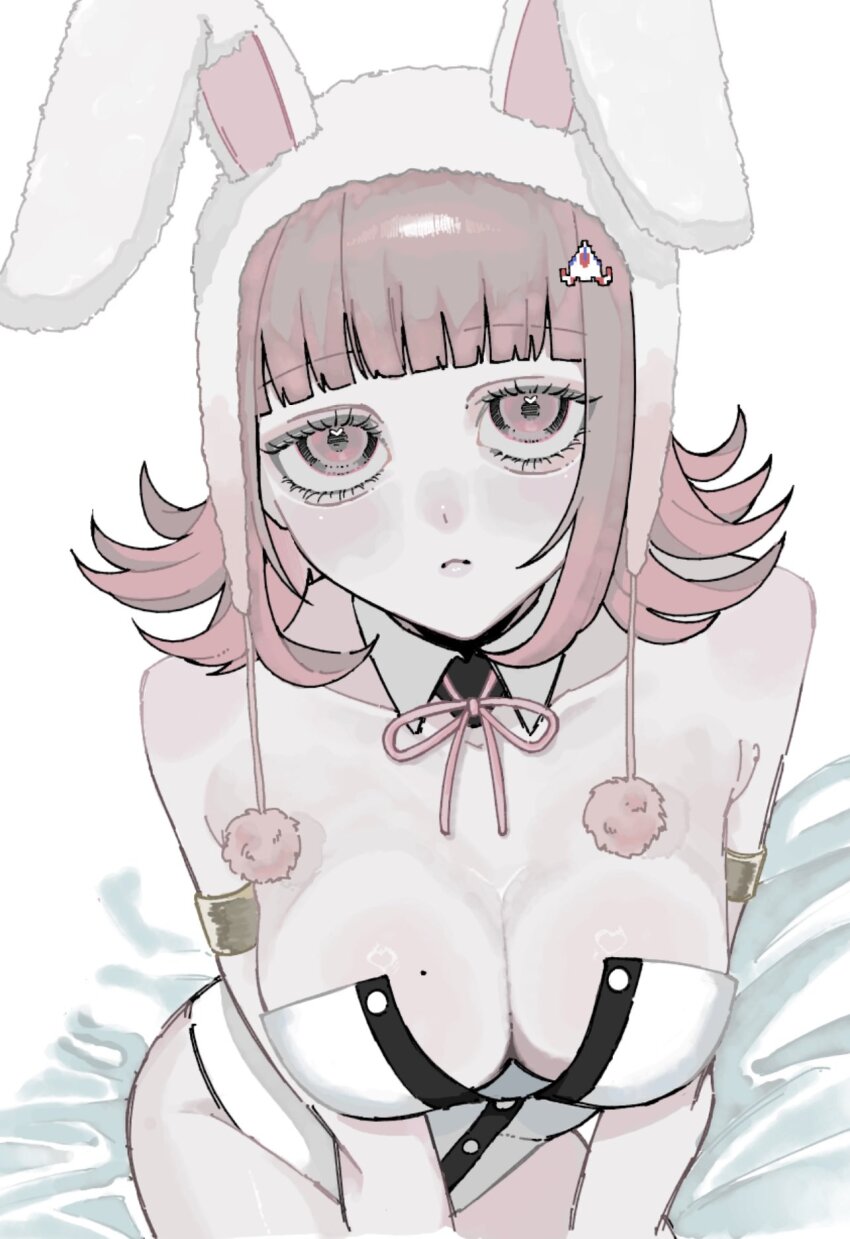 1girl, animal_ears, animal_hood, bare_shoulders, black_leotard, breasts, cleavage, closed_mouth