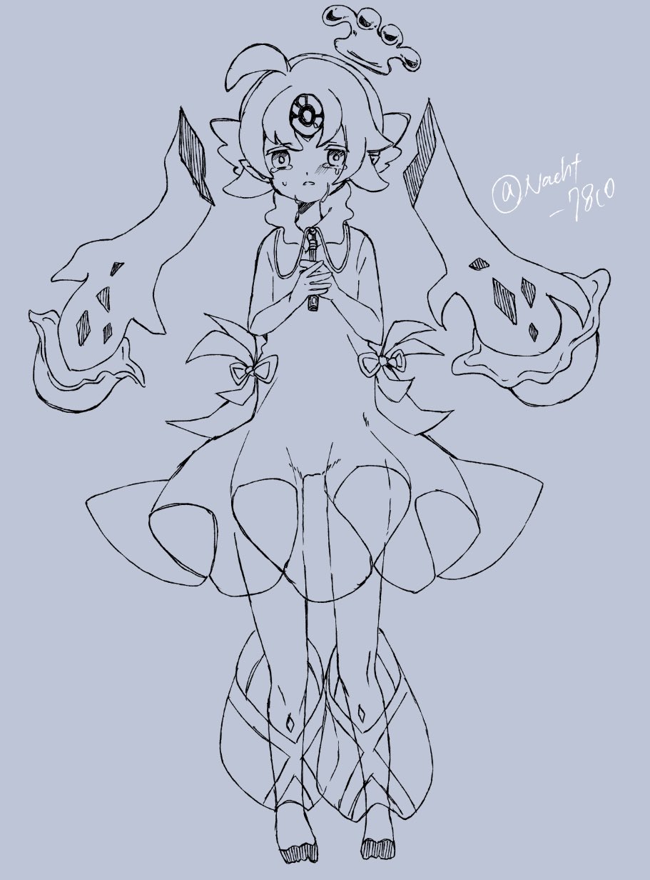 1girl, crown, crying, crying_with_eyes_open, dress, feet, female_focus, highres, holding, icejade_aegirine, jewelry, long_dress, long_hair, monster_girl, nacht_7810, see-through_clothes, see-through_dress, shoeless, short_hair, sketch, slime_girl, solo, solo_focus, teardrop, tearing_up, tears, yu-gi-oh!