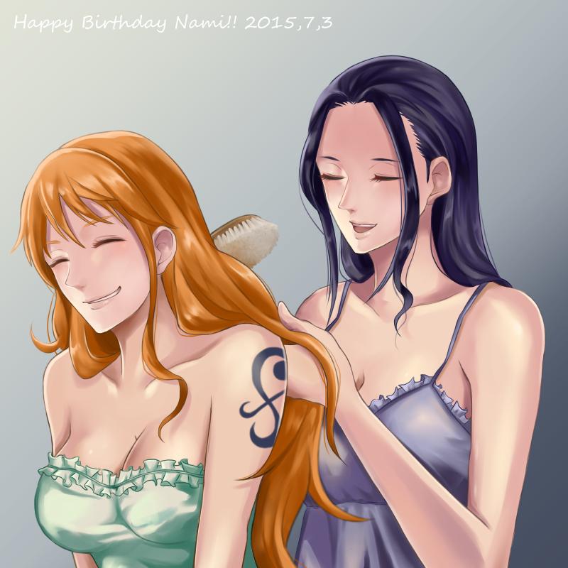 2girls, arm_tattoo, bare_shoulders, black_hair, brushing_another's_hair, brushing_hair, character_name, closed_eyes