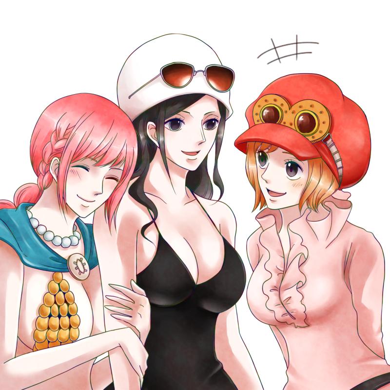 +++, 3girls, ^_^, black_dress, black_gloves, blue_eyes, braid, breasts, cleavage, closed_eyes, commentary_request, dress, eyewear_on_head, eyewear_on_headwear, gloves, goggles, hat, koala_(one_piece), large_breasts, locked_arms, long_hair, multiple_girls, nico_robin, nico_robin_(dressrosa), one_piece, orange_hair, pink_hair, pink_shirt, rebecca_(one_piece), shirt, sidelocks, simple_background, sweatdrop, swept_bangs, upper_body, white_background, white_hat, yuri_kohi