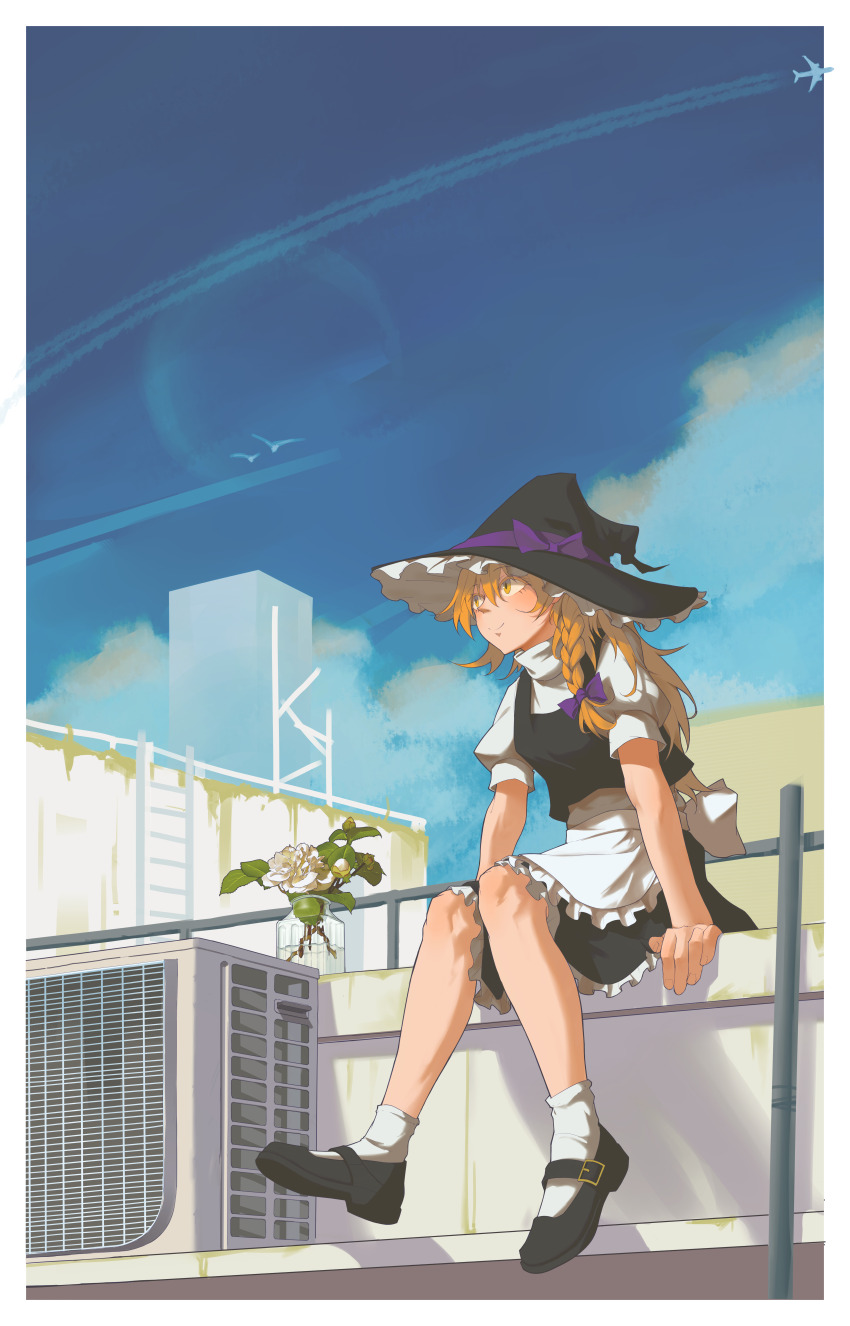 1girl, absurdres, apron, black_hat, black_shoes, black_skirt, black_vest, blonde_hair