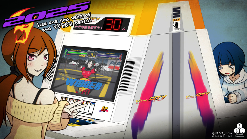 2025, 3girls, arcade, arcade_cabinet, bahn, black_hair, blue_eyes, blue_hair, blush, brown_hair, clenched_hand, clothing_cutout, english_text, fighting_vipers, grace_(fighting_vipers), highres, honey_(fighting_vipers), jacket, logo, looking_at_viewer, looking_back, multiple_girls, nazz-a, original, picky_(fighting_vipers), pink_eyes, ponytail, raxel_(fighting_vipers), sanman_(fighting_vipers), sega, short_hair, sweat, sweater, tokio_(fighting_vipers), v, video_game