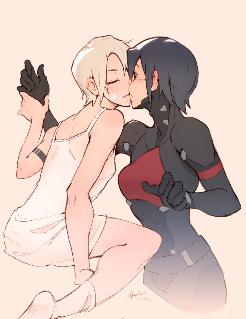 2girls, absurdres, android, anh_dang, ariane_yeong, black_hair, camisole, closed_eyes, cyberpunk, elster_(signalis), highres, joints, kiss, metal_skin, multiple_girls, robot_girl, robot_joints, science_fiction, short_hair, signalis, white_hair, yuri