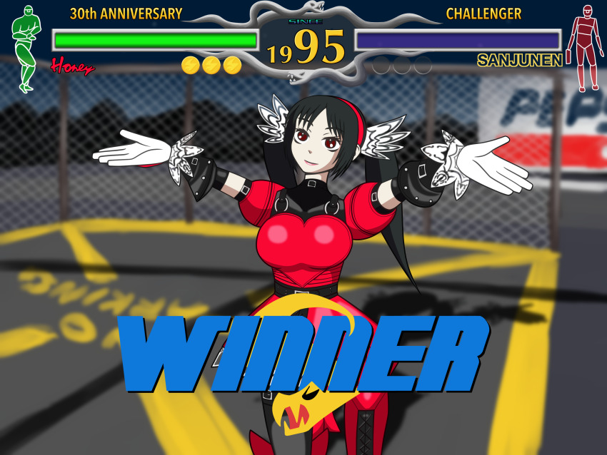 absurdres, armor, armored_dress, arms_up, brown_eyes, detached_sleeves, dress, english_text, expressionless, fence, fighting_vipers, gloves, headband, high_heels, highres, honey_(fighting_vipers), lace, nazz-a, night, parking_lot, pepsi, red_dress, red_headband, sega, sky, smile, twintails