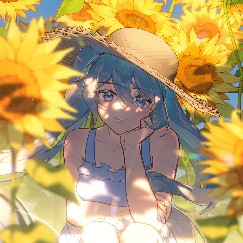 1girl, aqua_eyes, aqua_hair, bare_shoulders, blue_eyes, blue_hair, collarbone, dappled_sunlight