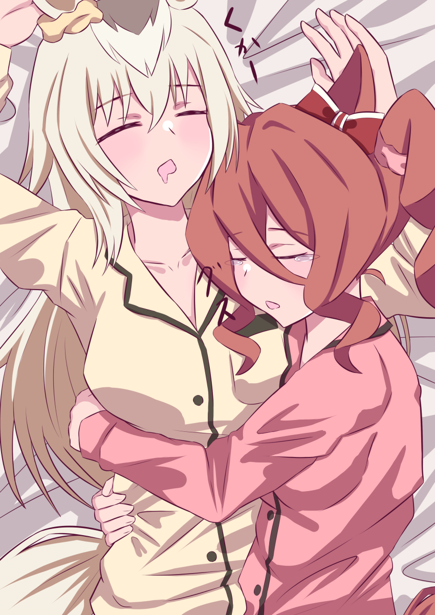 2girls, absurdres, animal_ears, arms_up, bed_sheet, bow, closed_eyes, commentary