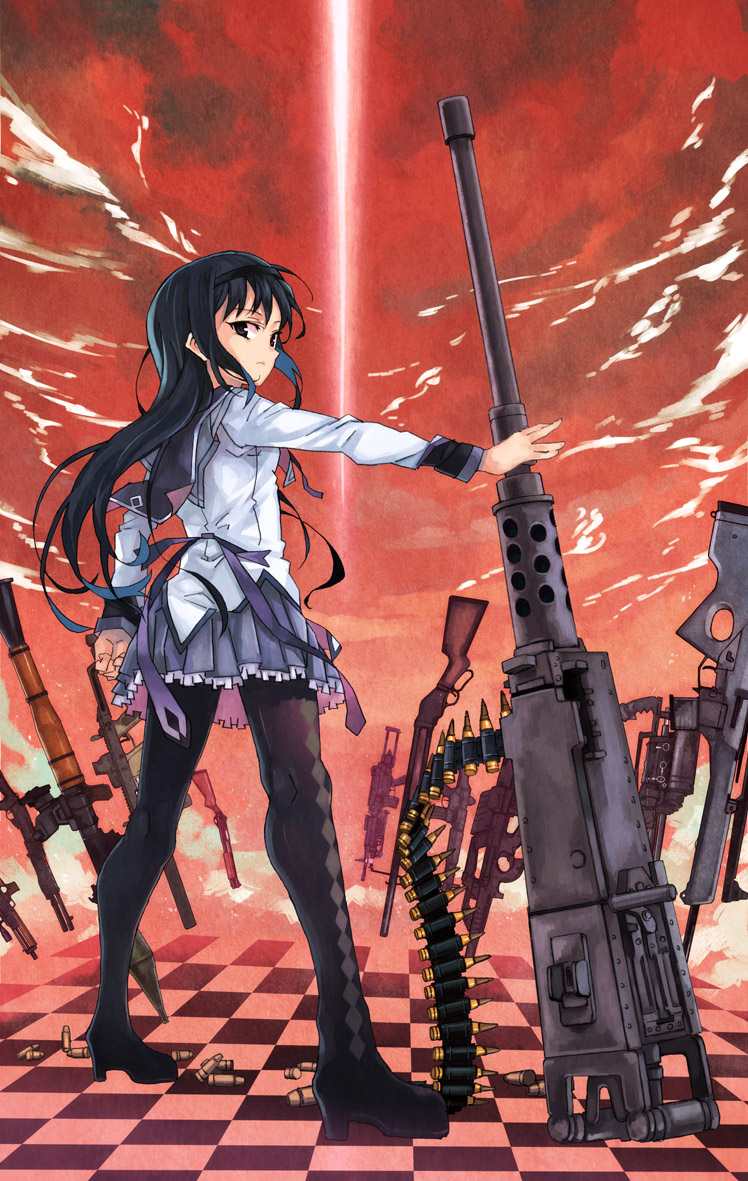 .50_bmg, 10s, 1girl, akemi_homura, akemi_homura_(magical_girl), ammunition, ammunition_belt, anti-materiel_cartridge