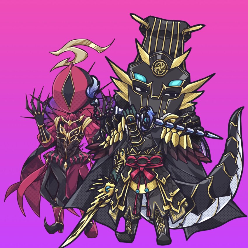 2boys, ad_libitum_of_despia, black_robe, black_tail, claws, covered_face, dragon, dragon_tail, fingernails, fur_collar, highres, holding, holding_sword, holding_weapon, male_focus, mask, mask_on_head, masked_face, masked_male, multiple_boys, nacht_7810, purple_background, robe, sharp_fingernails, sword, swordsoul_(yu-gi-oh!), swordsoul_strategist_longyuan, tail, weapon, yu-gi-oh!