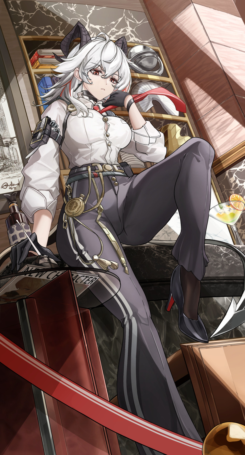 1girl, absurdres, ahoge, arm_pouch, black_choker, black_gloves, black_horns, black_pants