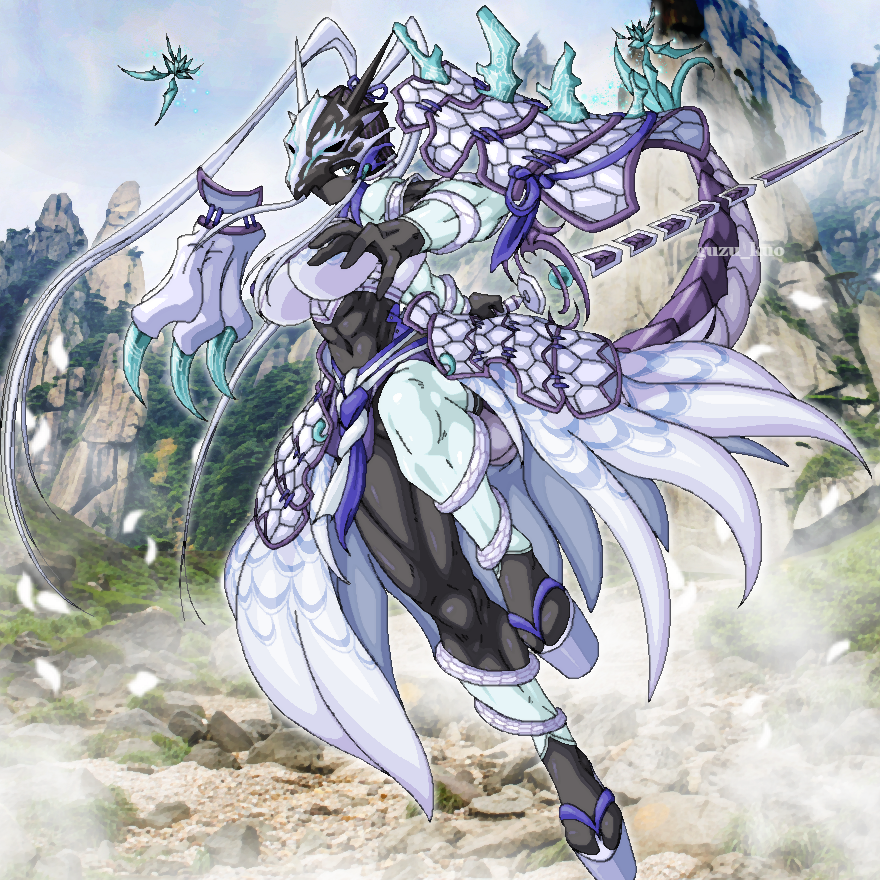 1girl, armor, armored_dress, black_bodysuit, blue_eyes, bodysuit, breasts, bug, butterfly, covered_eyes, dragon, dragon_girl, dragon_tail, dress, female_focus, fighting_stance, guzu_kuo, helmet, helmet_over_eyes, holding, holding_sword, holding_weapon, insect, knees_up, large_breasts, long_dress, long_hair, mountain, muscular, muscular_legs, purple_skirt, purple_tail, sandals, skirt, solo, solo_focus, sword, swordsoul_(yu-gi-oh!), swordsoul_of_mo_ye, tail, thick_thighs, thighhighs, thighs, twintails, very_long_tail, weapon, white_hair, yu-gi-oh!