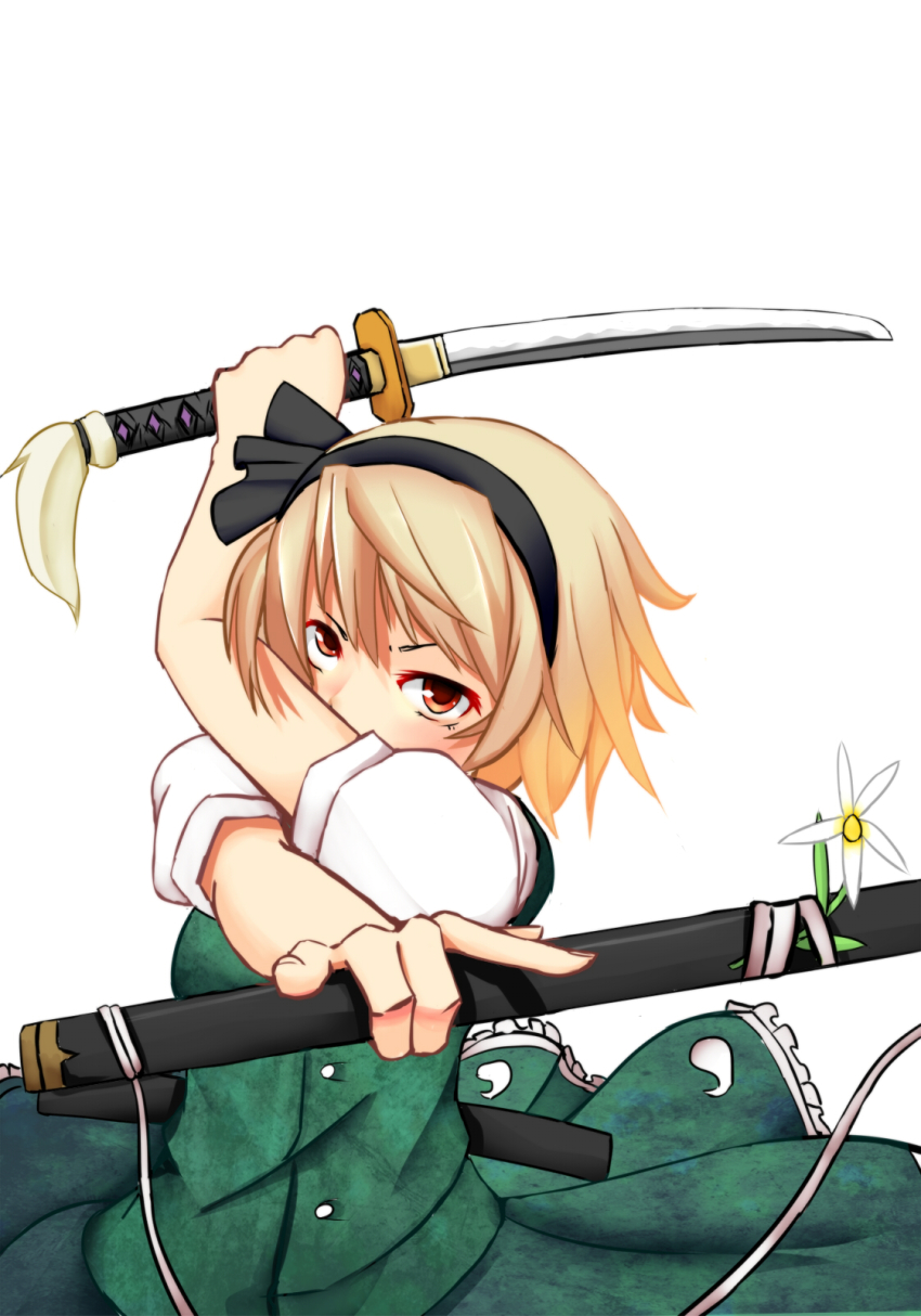 1girl, alternate_hair_color, blonde_hair, dress_shirt, eyeshadow, female_focus, flower, hairband