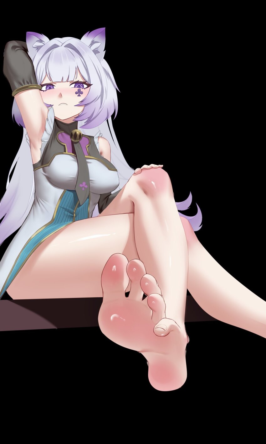 1girl, arm_behind_head, bare_shoulders, barefoot, black_background, black_sleeves, bottomless, breasts, club_(shape), club_tattoo, crossed_legs, detached_sleeves, dress, duel_monster, facial_tattoo, foot_focus, highres, invisible_chair, large_breasts, maliss_<p>_chessy_cat, medium_hair, purple_hair, rare_lemon, simple_background, sitting, solo, tattoo, white_dress, yu-gi-oh!